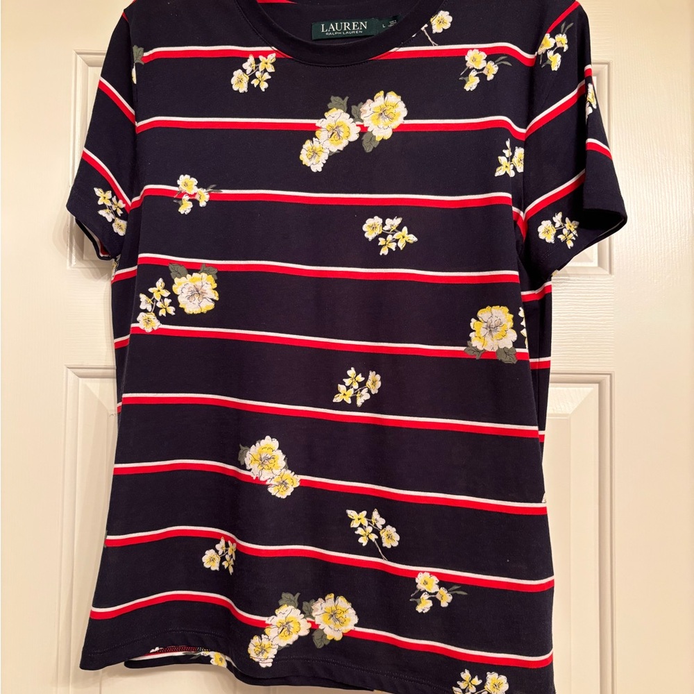 Lauren Ralph Lauren Women's Navy Blue Floral Striped Cotton Top Size L
